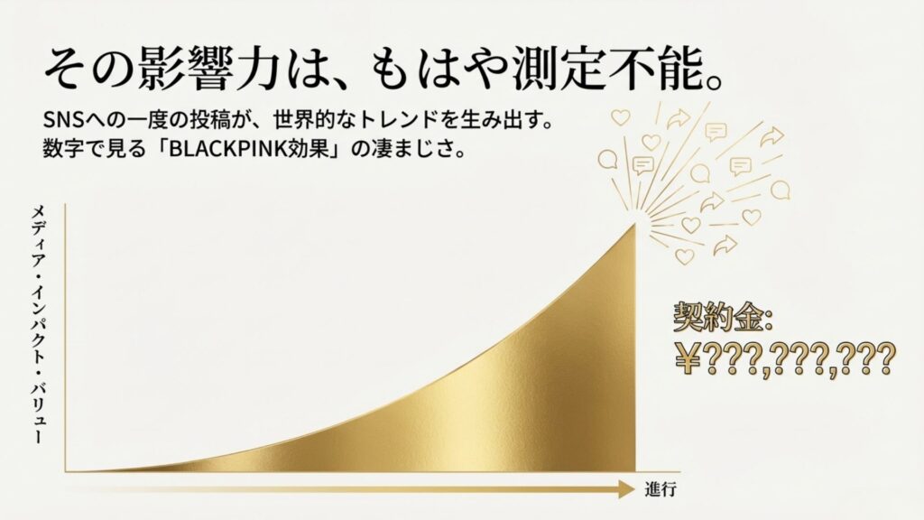 メディア・インパクト・バリュー(MIV)と桁違いの経済効果を示すグラフ風のテキストデザイン