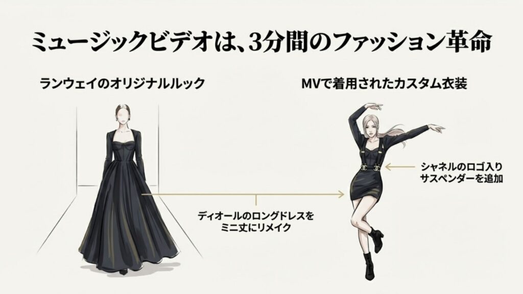 ロングドレスをミニ丈にリメイクする工程を示した「BEFORE」「AFTER」のファッションイラスト