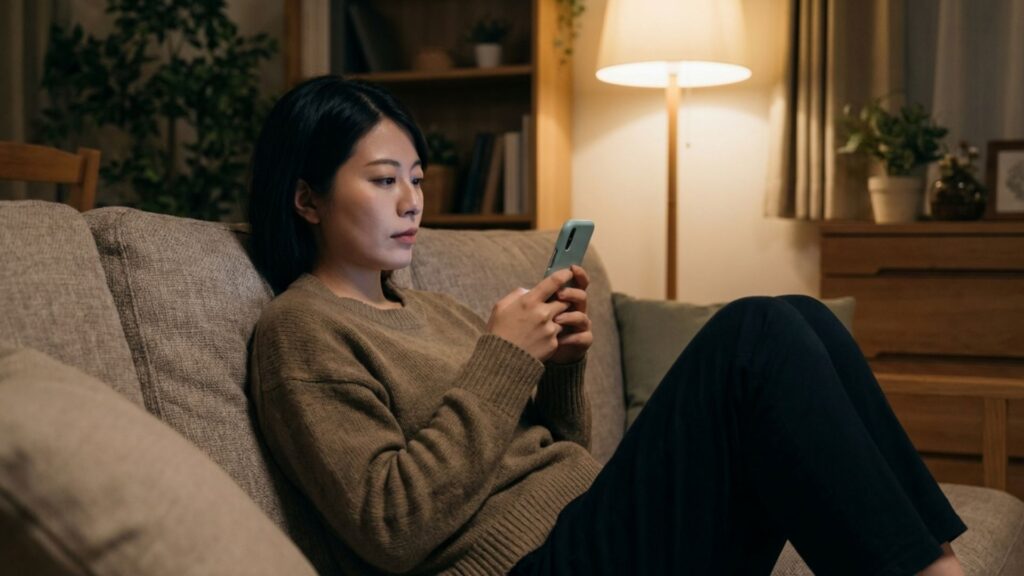 自宅のソファでスマートフォンを確認する女性