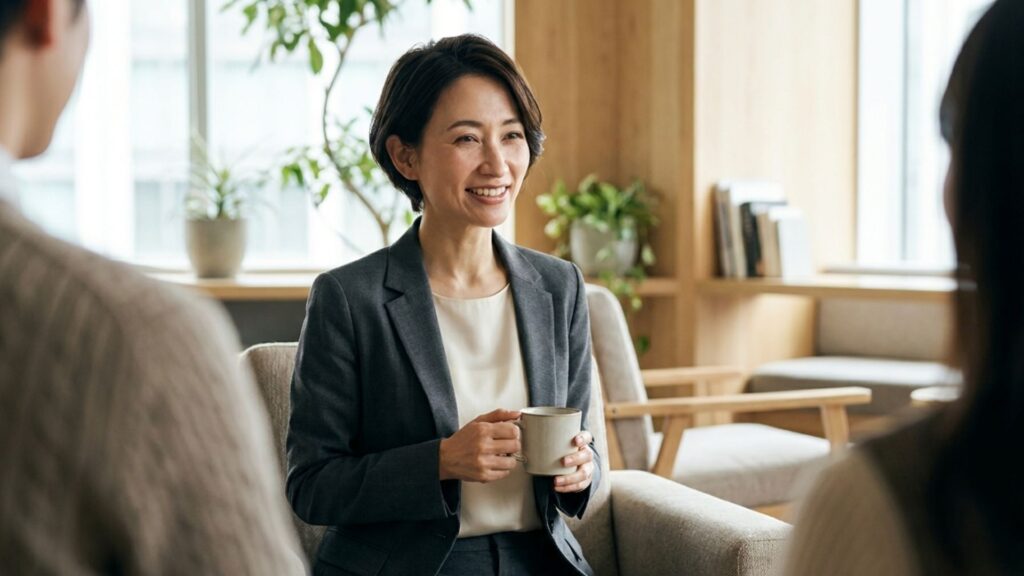 明るい室内で女性が来訪者と対面して会話する様子
