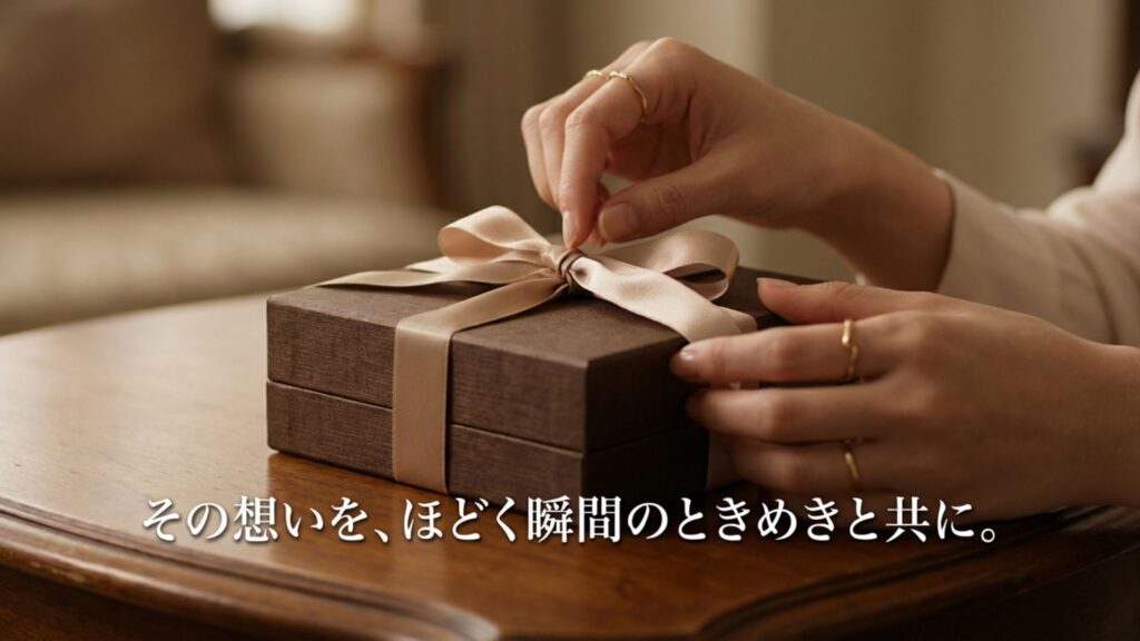 ギフトボックスをほどく瞬間のときめきを表現した梱包イメージ