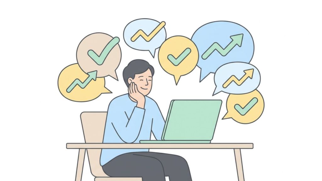 パソコンで複数の情報を確認しながらジュエリー購入の判断材料を調べる人物のイラスト