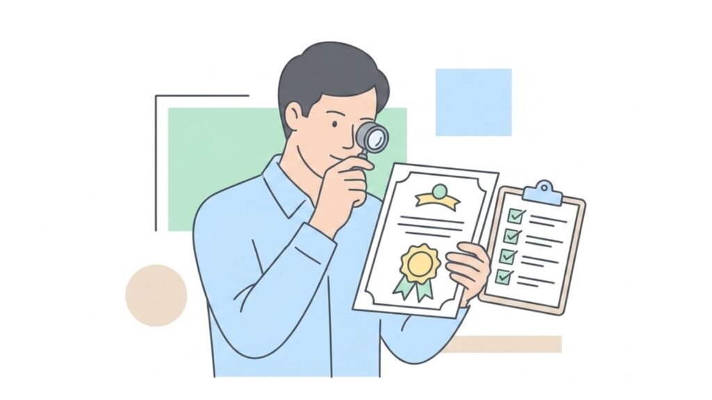書類とチェックリストを確認しながら高額ジュエリーの購入条件を調べる人物のイラスト