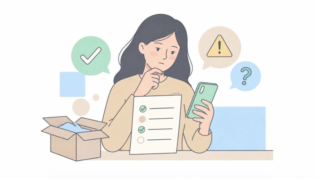 高額なジュエリーを購入する前にスマートフォンとチェックリストで条件を確認する女性のイラスト