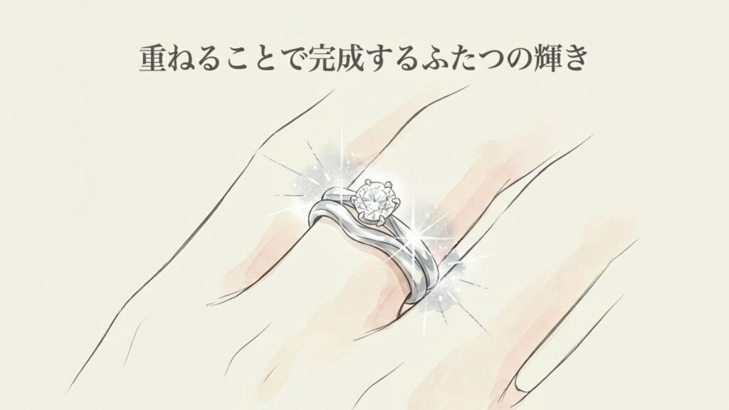 婚約指輪と結婚指輪を重ねることで生まれる調和と輝きを表現した画像