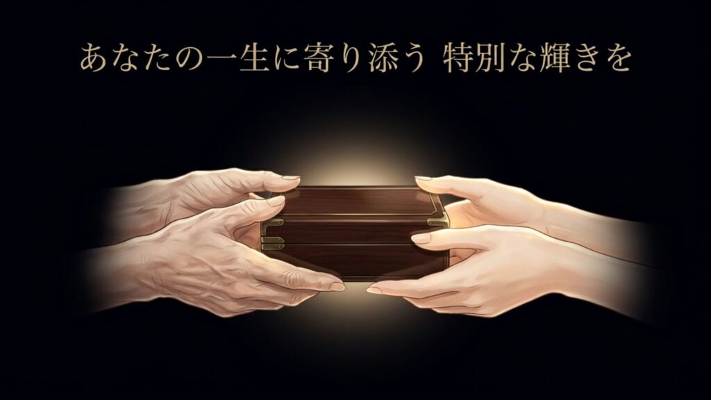年配の手から若い手へと受け継がれるジュエリーボックス。一生を通じて寄り添う特別な輝き。