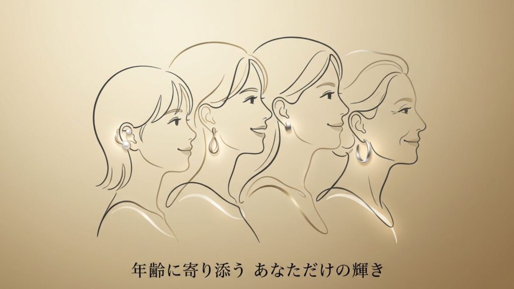 20代から高齢層まで、4人の異なる年代の女性がピアスを着用している横顔のイラスト。年齢を問わない輝きを表現。