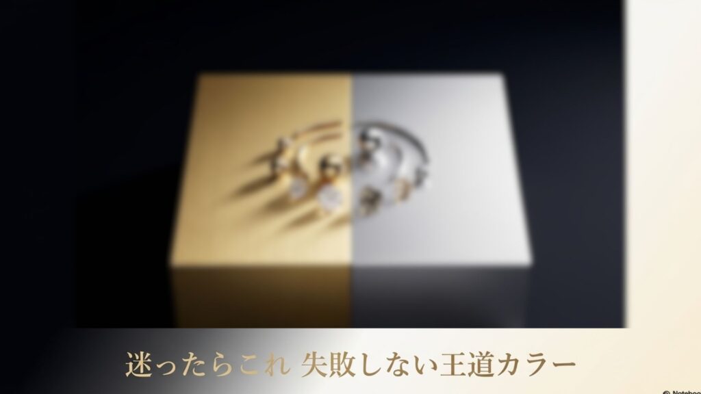 ゴールドとシルバーの2つの背景に配置された、ピアス素材とラインストーンのカラー比較。