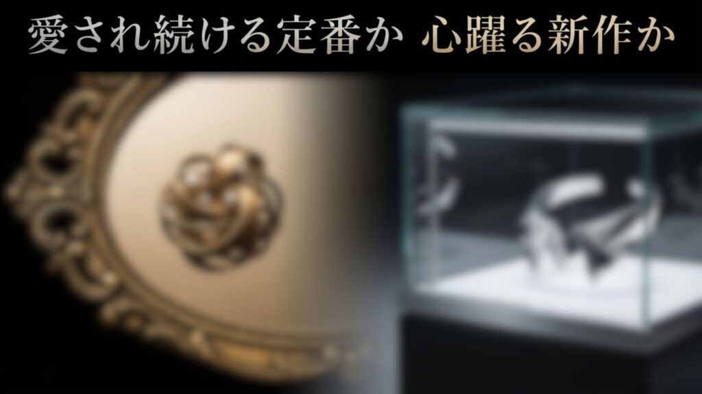 永く愛される定番モデルと、トレンドを取り入れた新作モデルの選択をイメージした抽象画。