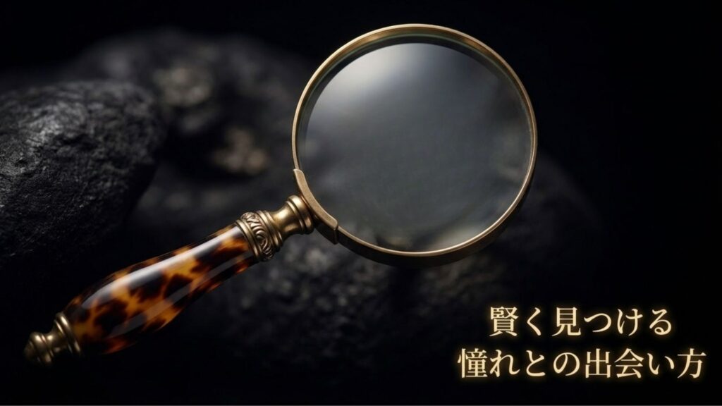 虫眼鏡で理想のジュエリーを探す様子。二次流通やブティックでの賢い出会い方を表現。