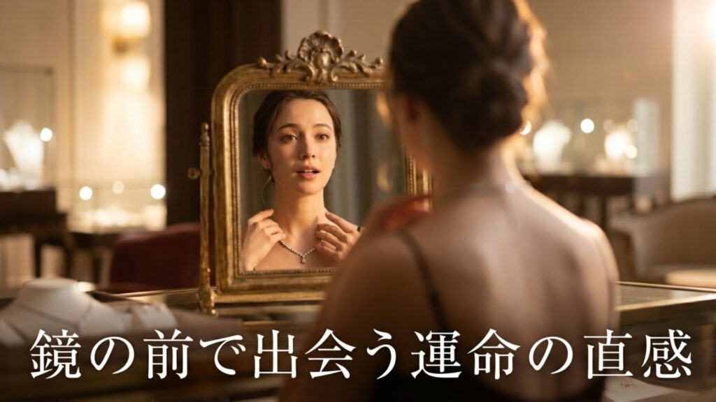 鏡の前で出会う運命の直感を表現したジュエリー試着のイメージ