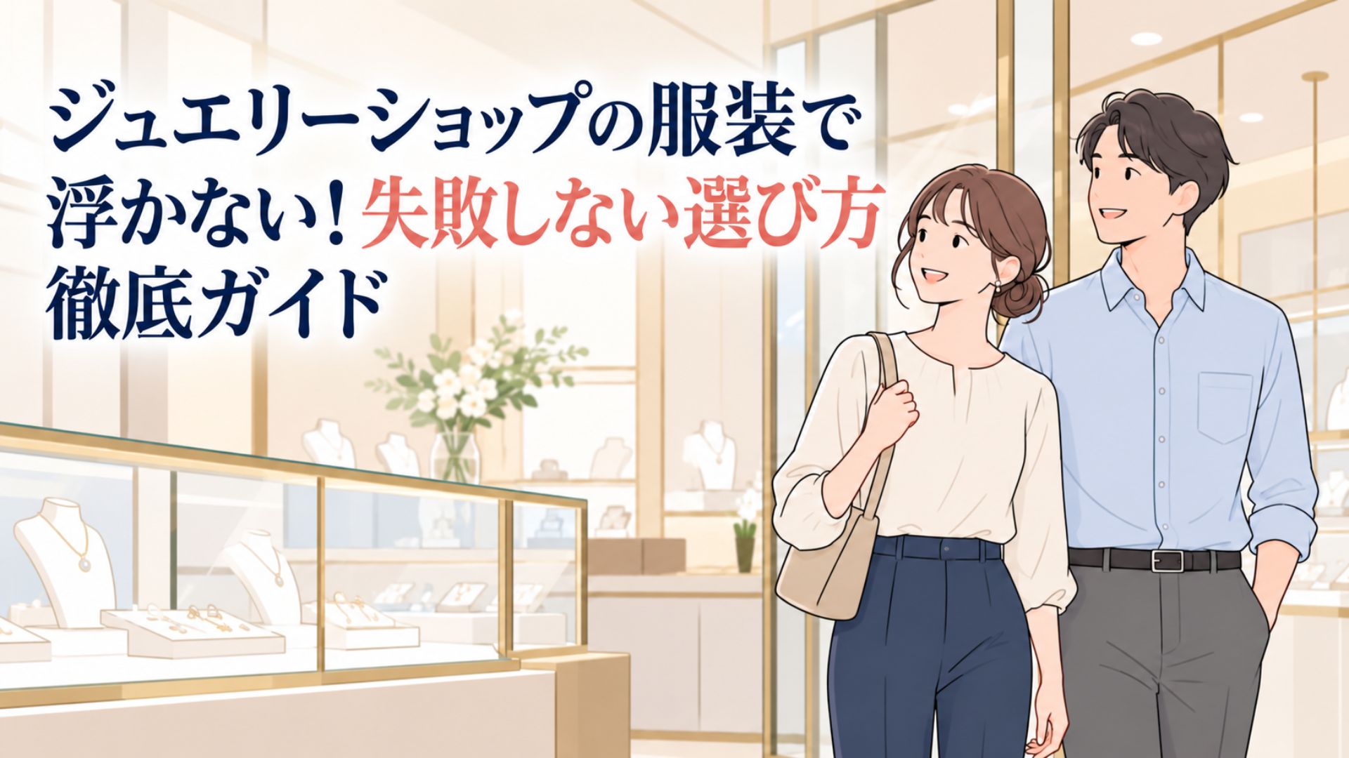 ジュエリーショップで清潔感のある服装の男女が買い物を楽しむ様子