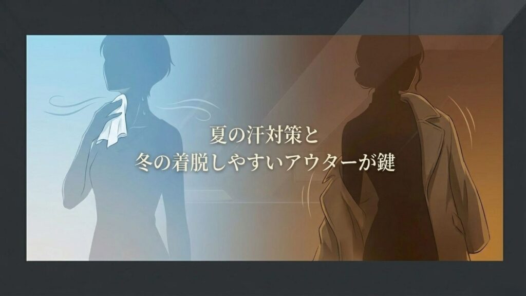 夏の汗対策と冬の着脱しやすいアウターといった季節ごとの服装の鍵