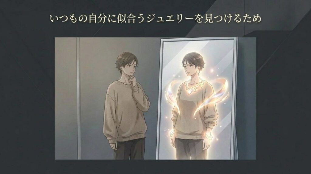 いつもの自分に似合うジュエリーを見つけるため、鏡の前で私服のまま試着イメージを確認する様子