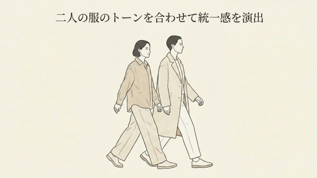 二人の服のトーンや色合いを合わせて統一感を演出しているカップルのコーディネート