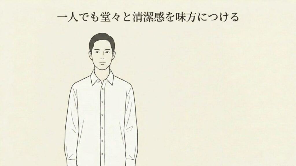 一人での来店でも堂々と清潔感を味方につける、襟付きシャツを着た誠実な印象の男性