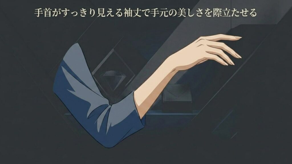 手元の美しさを際立たせ、ブレスレットの試着がしやすい手首がすっきり見える袖丈