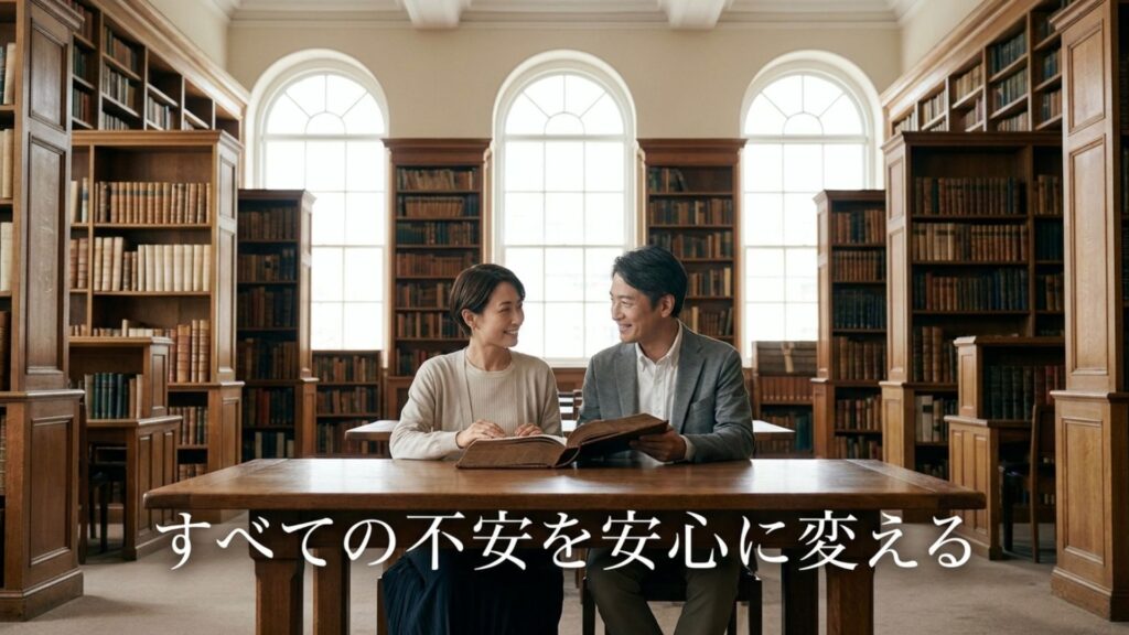 図書館のような場所で、不安を解消するために情報を調べるカップルのイメージ。