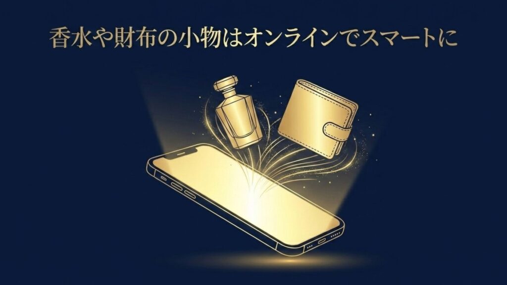 香水や財布などの小物をオンラインでスマートに購入するイメージ