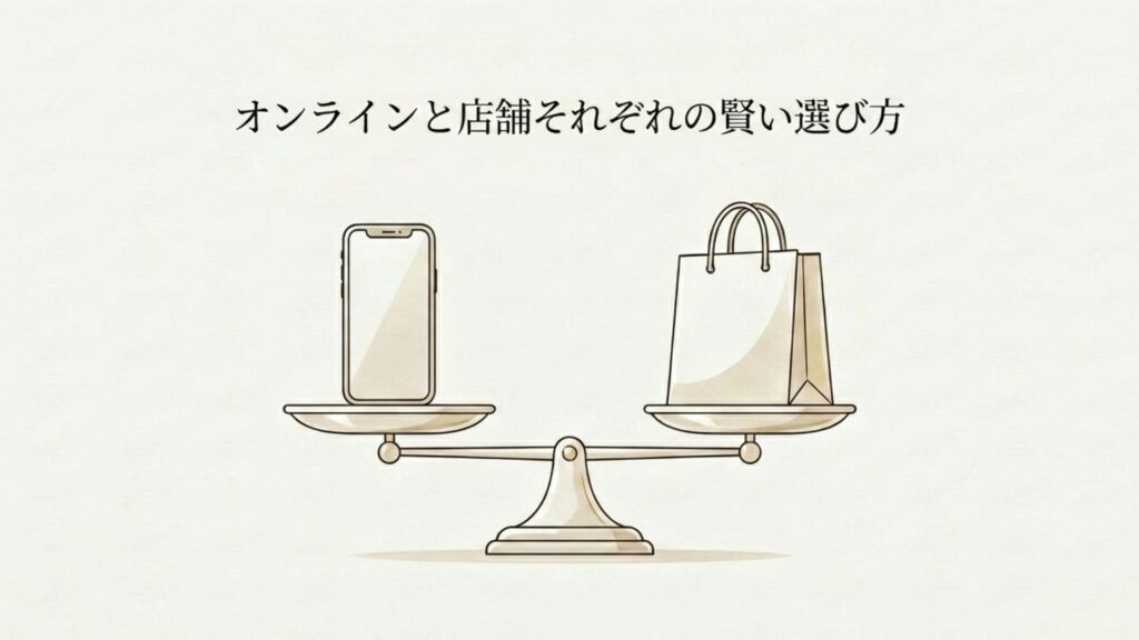 スマートフォンと紙袋が天秤に載っているイラスト