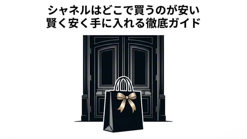 リボンがかかった黒いショッピングバッグのイラストと「シャネルはどこで買うのが安い 賢く安く手に入れる徹底ガイド」というテキスト