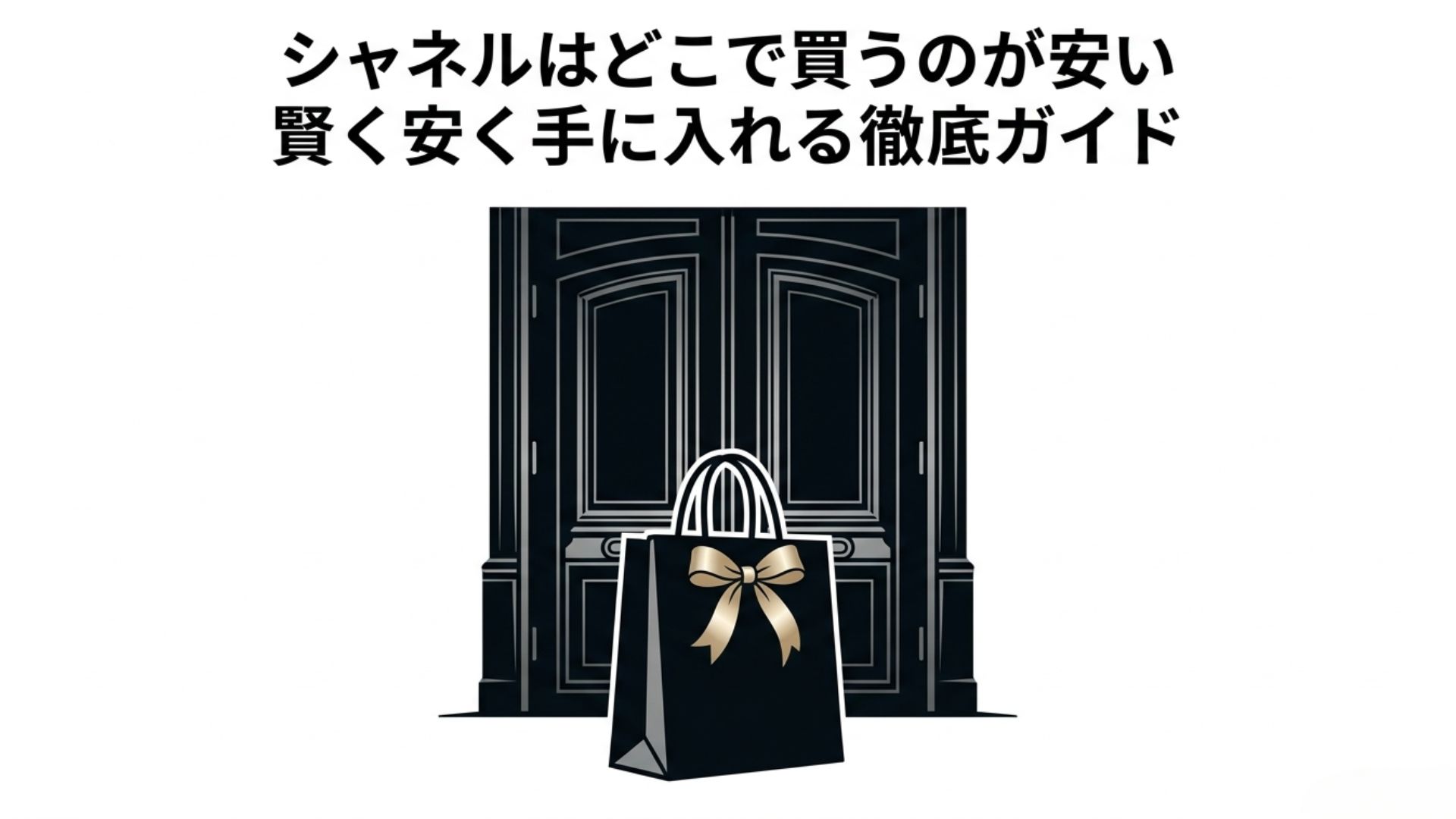 リボンがかかった黒いショッピングバッグのイラストと「シャネルはどこで買うのが安い 賢く安く手に入れる徹底ガイド」というテキスト