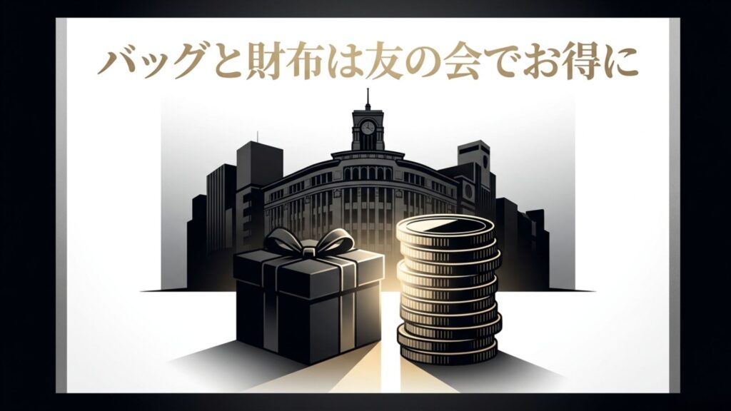 百貨店のような建物を背景に、黒いギフトボックスと積み上げられたコインのイラストと「バッグと財布は友の会でお得に」というテキスト