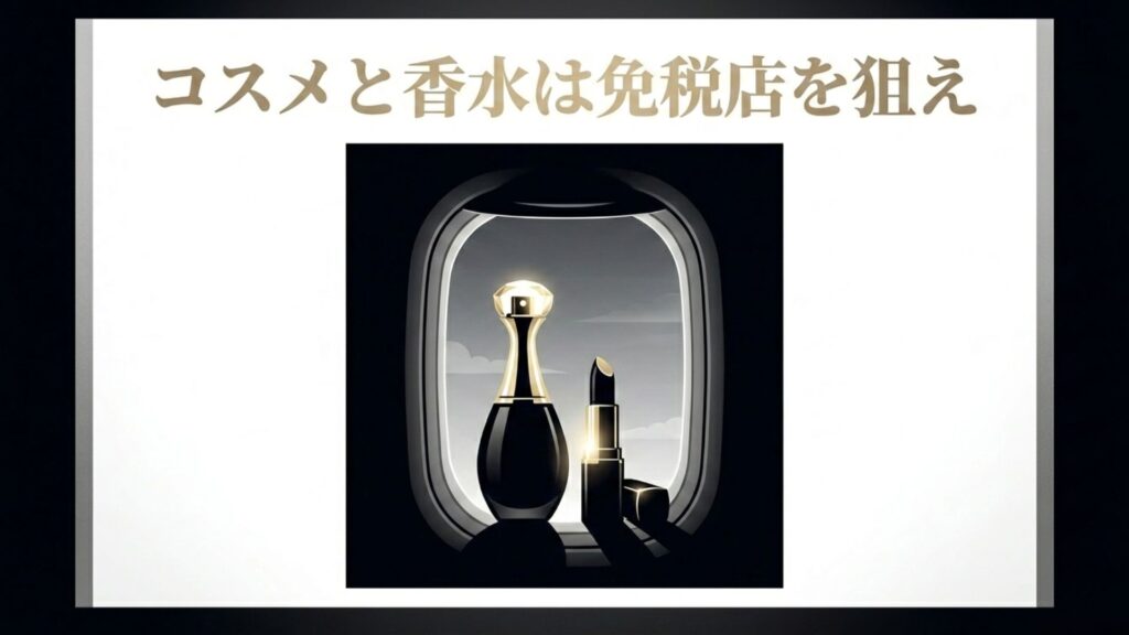 飛行機の窓を背景にした香水瓶とリップスティックのイラストと「コスメと香水は免税店を狙え」というテキスト