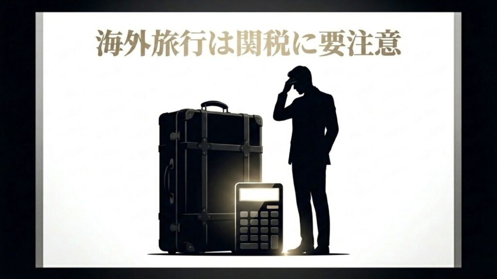 大きな黒いトランクケース、電卓、そして頭を抱える男性のシルエットイラストと「海外旅行は関税に要注意」というテキスト
