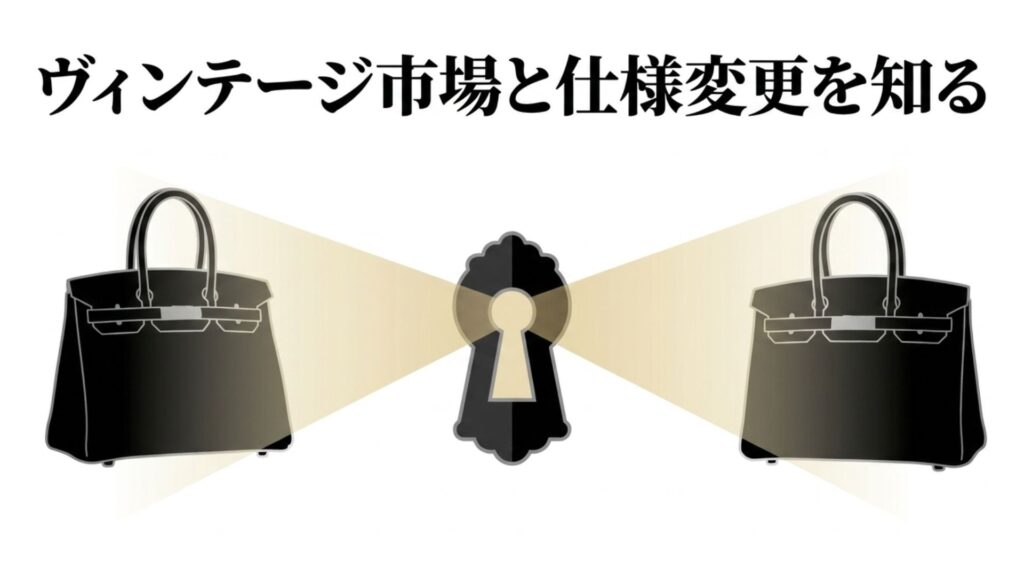 黒いレザーバッグのイラストと「ヴィンテージ市場と仕様変更を知る」というテキスト