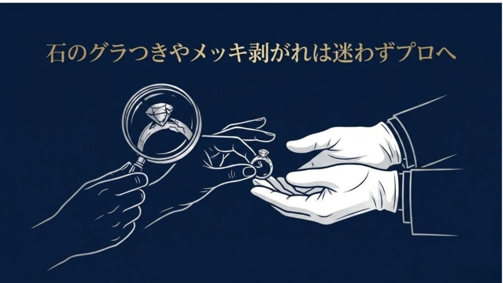 虫眼鏡で指輪の状態を点検し、白い手袋をしたプロフェッショナルに渡しているイラストと「石のグラつきやメッキ剥がれは迷わずプロへ」というテキスト