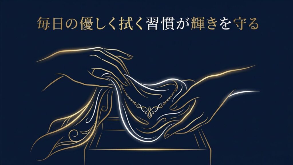 手でネックレスを柔らかい布を使って優しく拭いているイラストと「毎日の優しく拭く習慣が輝きを守る」というテキスト