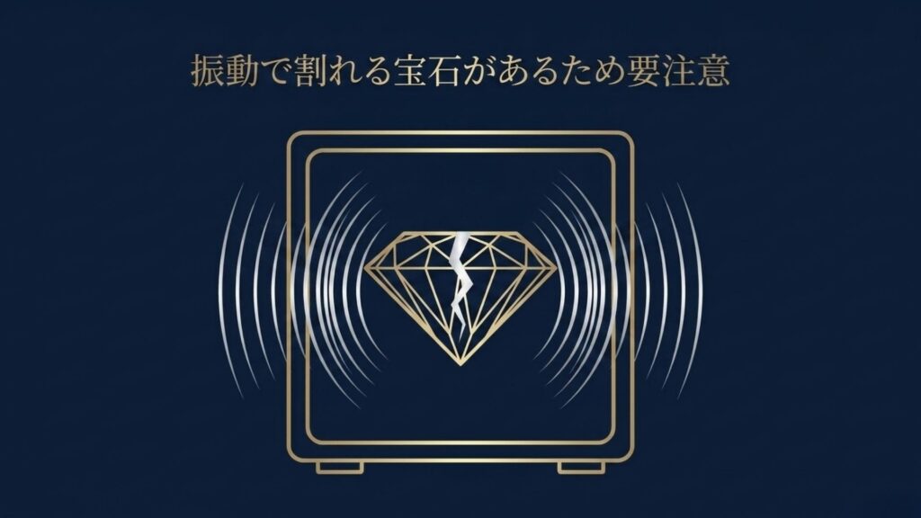 超音波の振動によってヒビが入ってしまったダイヤモンドのイラストと「振動で割れる宝石があるため要注意」というテキスト