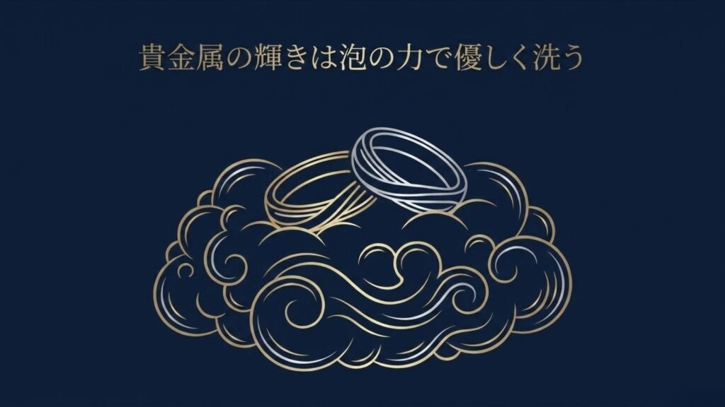 豊かな泡の中で優しく洗われている2つのリングのイラストと「貴金属の輝きは泡の力で優しく洗う」というテキスト