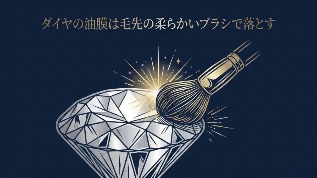 ダイヤモンドの表面を毛先の柔らかいブラシで丁寧に洗っているイラストと「ダイヤの油膜は毛先の柔らかいブラシで落とす」というテキスト