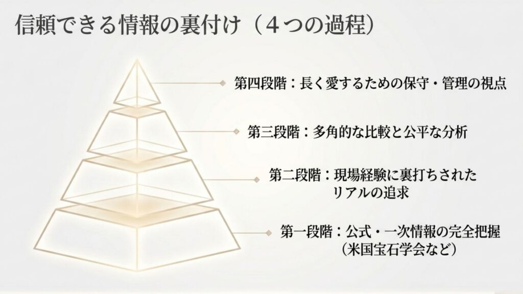 公式情報や一次情報の把握からメンテナンス視点まで、情報の信頼性を担保する4段階のプロセスを示す図解