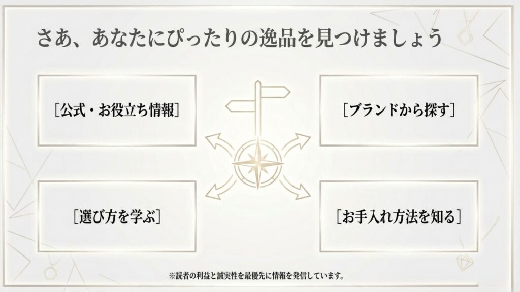 公式・お役立ち情報やブランド、選び方、お手入れ方法へと誘導する各カテゴリーへのリンクメニューが並ぶ案内画像