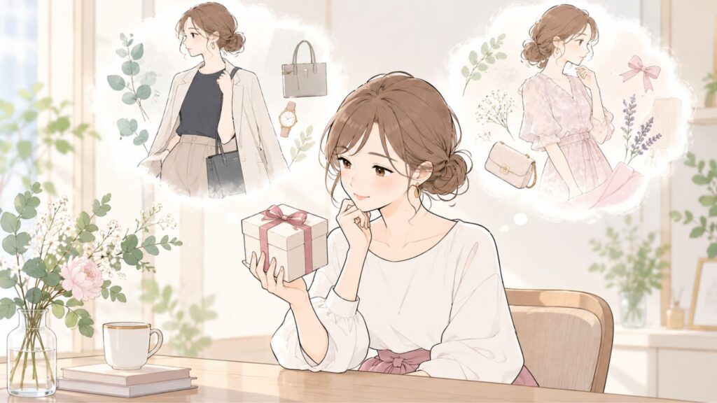 贈る相手の普段の服装や好みを思い浮かべながらプレゼントを選ぶ女性