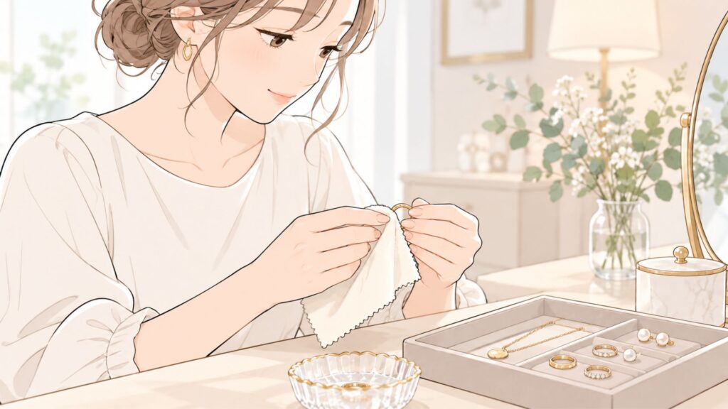 柔らかい布を使ってリングを丁寧に手入れする女性の手元