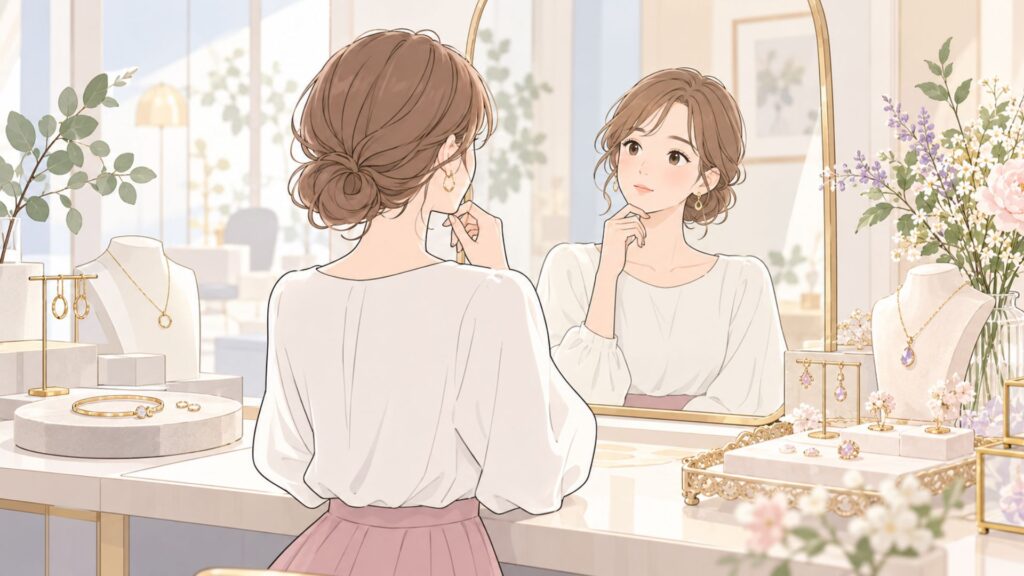 鏡の前で異なる雰囲気のジュエリーを見比べながら自分に合うデザインを考える女性