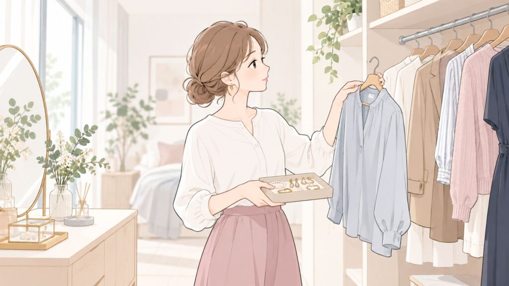 クローゼットの服と手持ちのジュエリーを見ながら組み合わせを考える女性