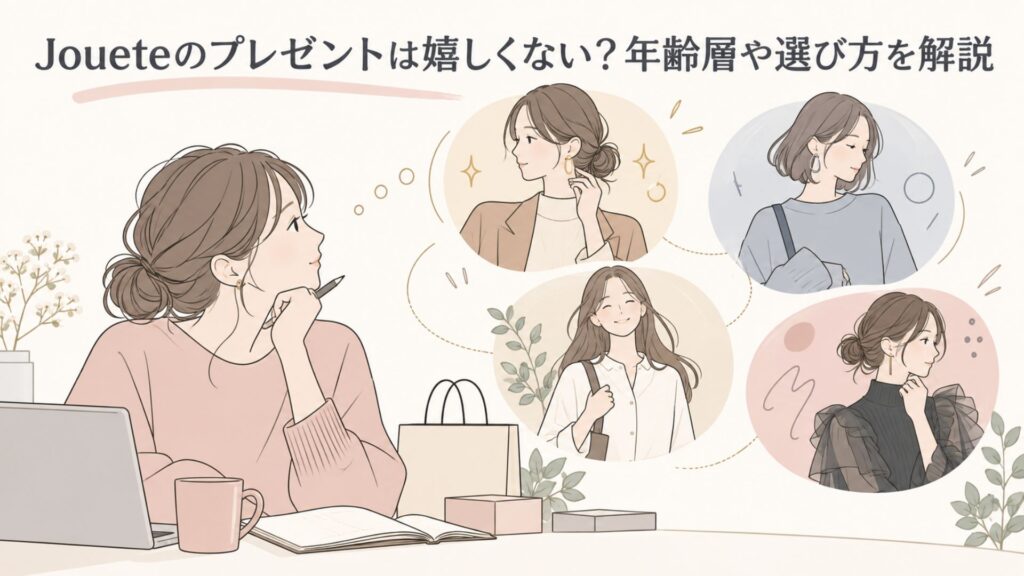 プレゼント用ジュエリーを考える女性と、異なる装いでジュエリーを身につける複数の女性