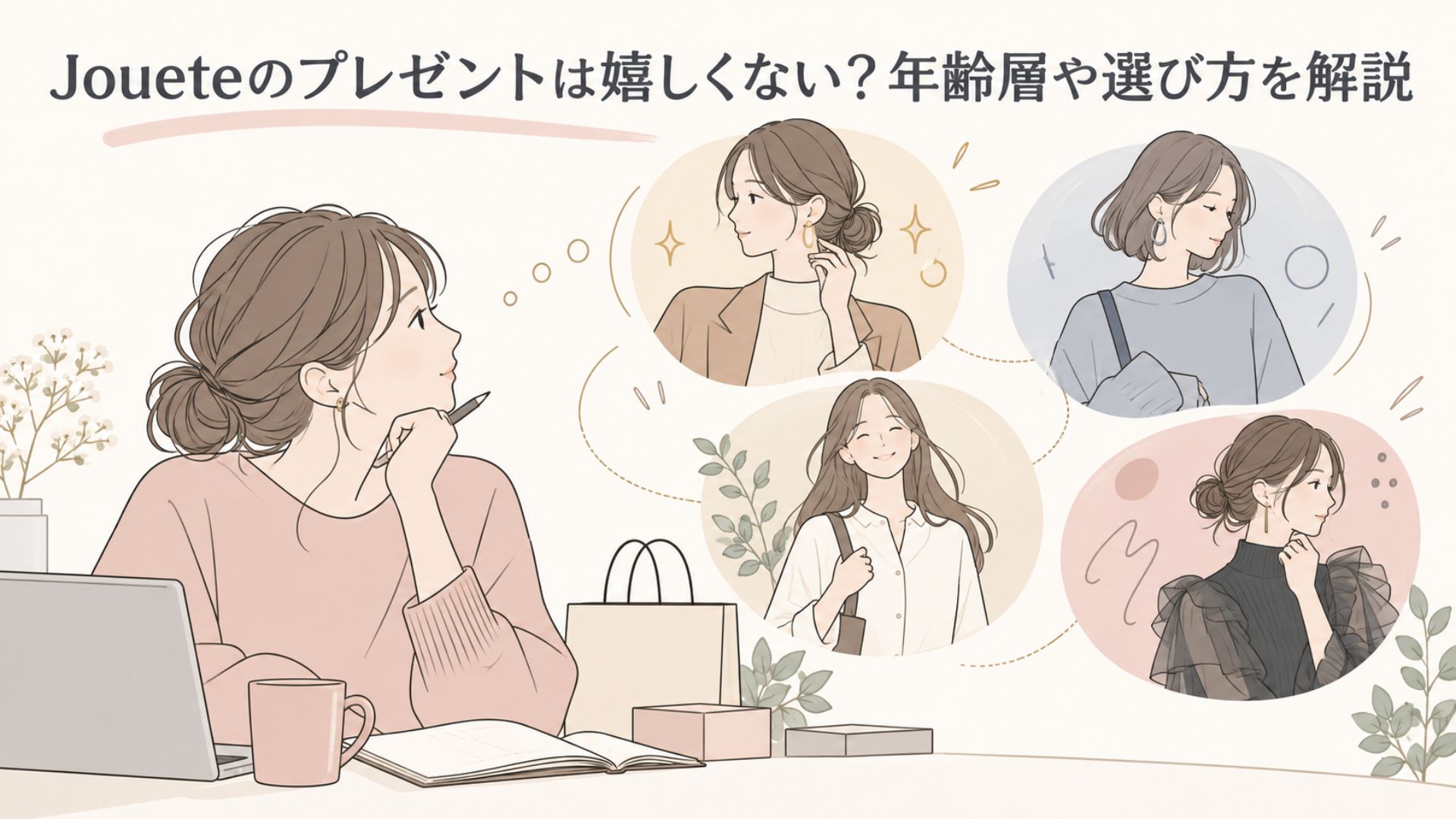 プレゼント用ジュエリーを考える女性と、異なる装いでジュエリーを身につける複数の女性