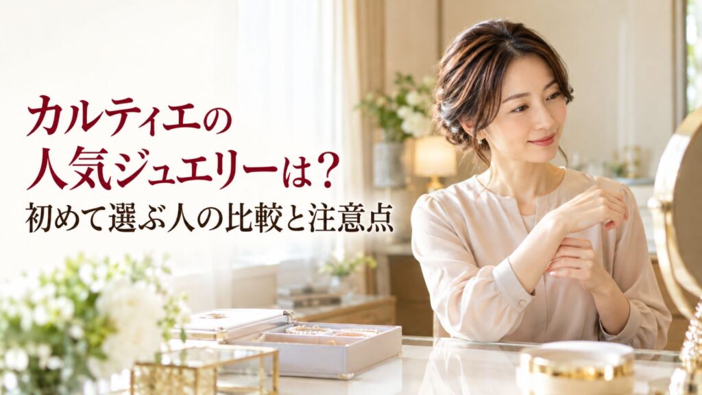 鏡の前でジュエリーを選ぶ女性と、カルティエの人気ジュエリーを比較する記事タイトル