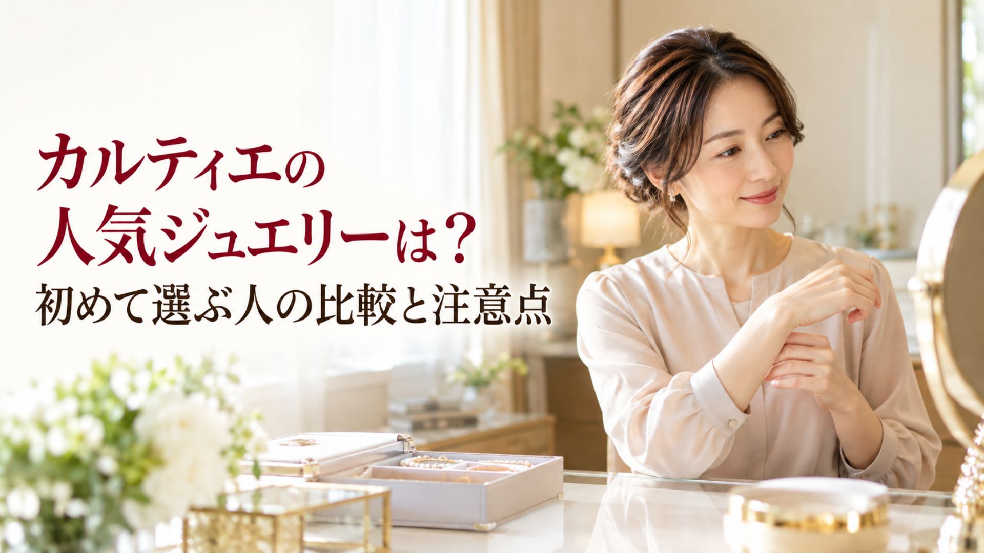 鏡の前でジュエリーを選ぶ女性と、カルティエの人気ジュエリーを比較する記事タイトル