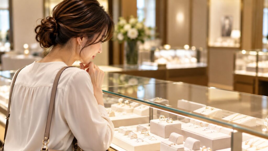 ジュエリーショップのショーケースを眺めながら、複数のアクセサリーを比較する女性