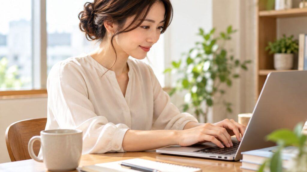 自宅のデスクでノートパソコンを操作する女性の手元と作業環境