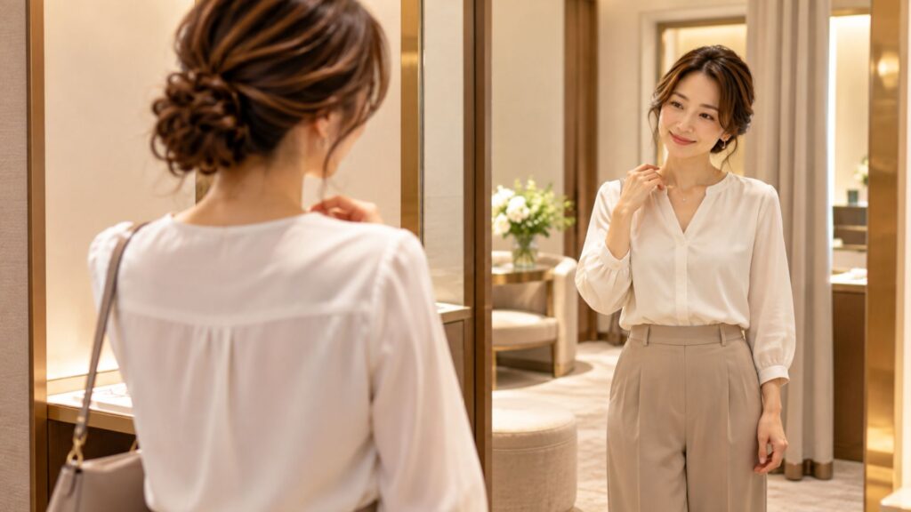ジュエリーショップの鏡でネックレスの見え方と服装とのバランスを確認する女性