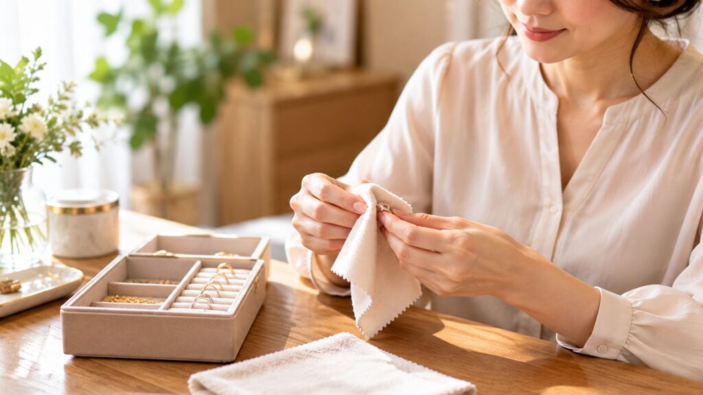自宅のテーブルでジュエリーケースを開き、柔らかい布で指輪を丁寧に拭く女性の手元