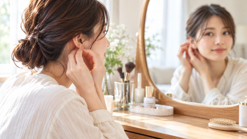 鏡を見ながらピアスを着ける女性。eteのハグピアスの着脱や留め具の使いやすさをイメージ